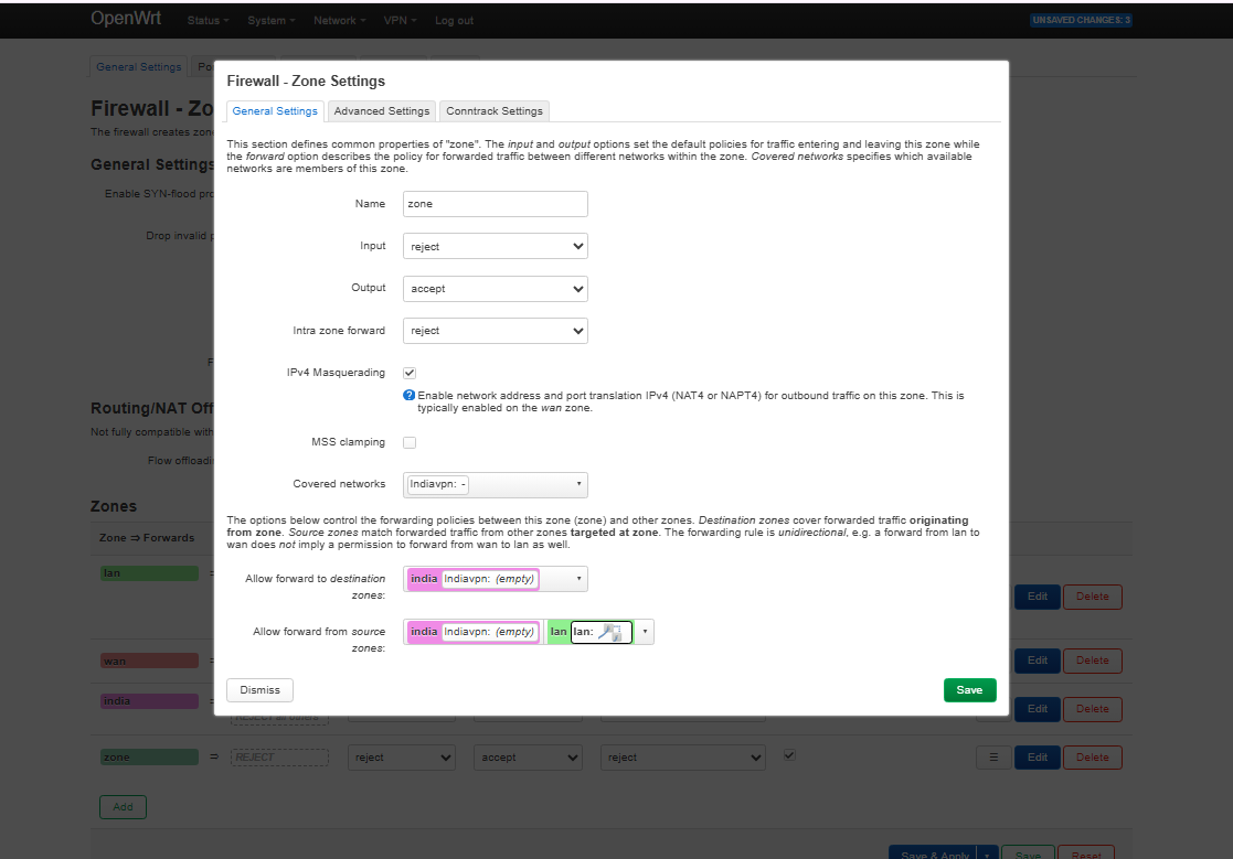 OpenWrt LuCI zone settings showing the dedicated VPN zone for the routed interface