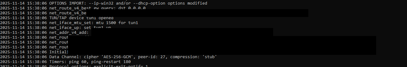 Sanitized terminal output showing OpenVPN tunnel creation and successful session initialization on OpenWrt