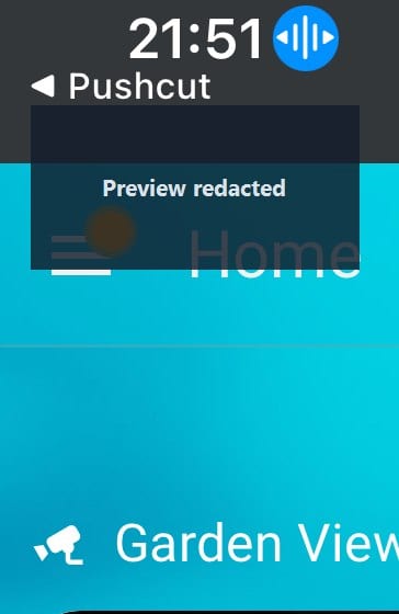 Sanitized mobile view showing a Pushcut webhook screen with the preview redacted