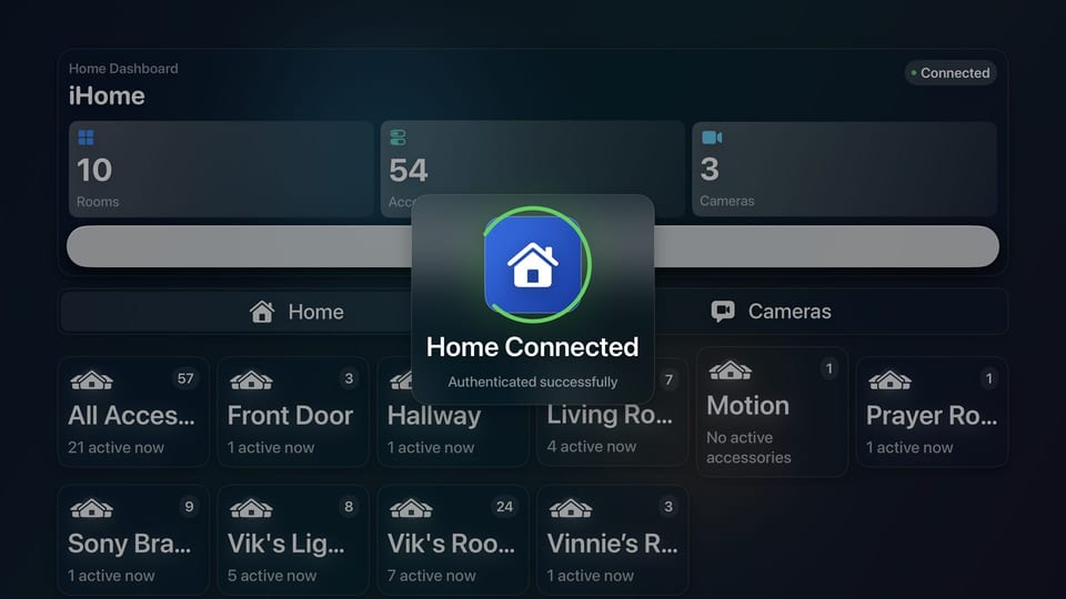 HomeonTV dashboard showing the project on a premium Apple TV style interface