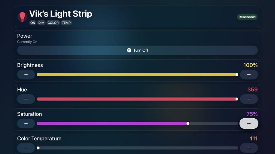 HomeonTV light controls with brightness, hue, saturation, and colour temperature adjustments